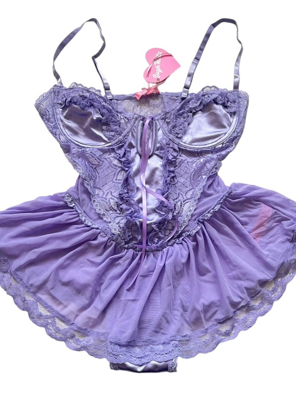 Dolls Kill teddy Small Sugar Thrillz Spoiled But Not Rotten lace bodysuit purple